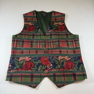 Vintage Christmas Holiday Poinsettia Plaid Button Vest - Red Wms M